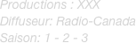 Productions : XXX
Diffuseur: Radio-Canada
Saison: 1 - 2 - 3 